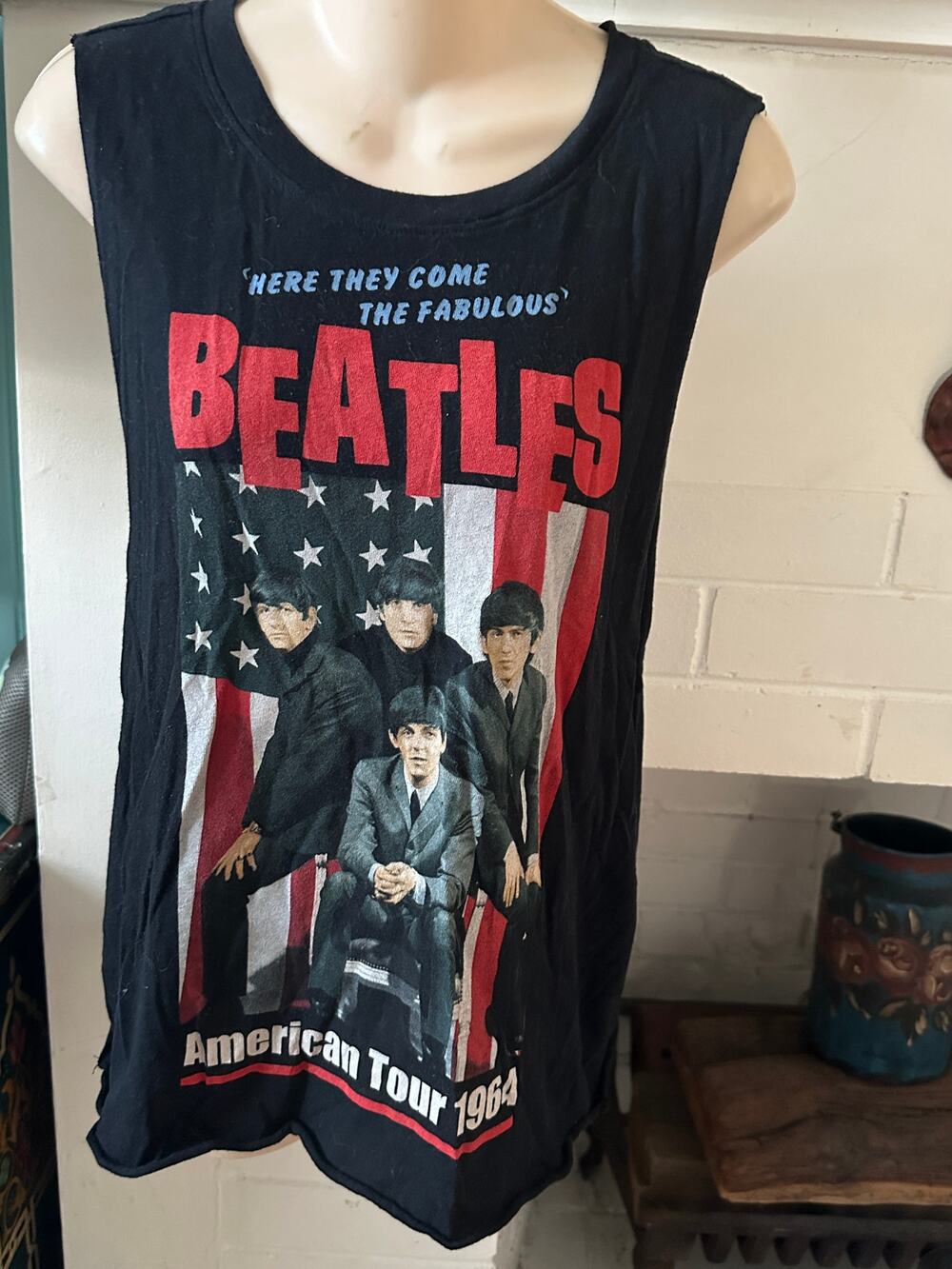 VINTAGE Y2K BEATLES BLACK MUSCLE TEE TANK TOP AMERICAN TOUR 1964 S